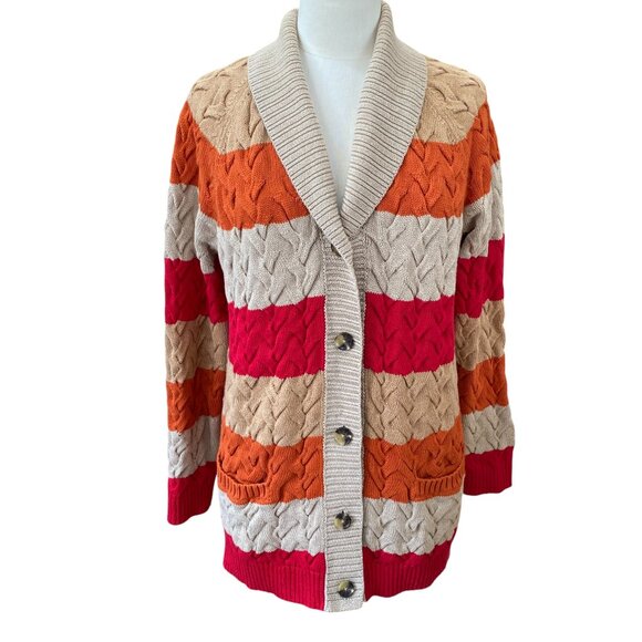 Lands End Drifter Cable Knit Button Cardigan Sz L Long Fisherman Grannycore Fall - Picture 1 of 11